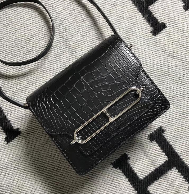 Hermes Roulis 猪鼻子包 美洲鳄鱼皮 黑色银扣