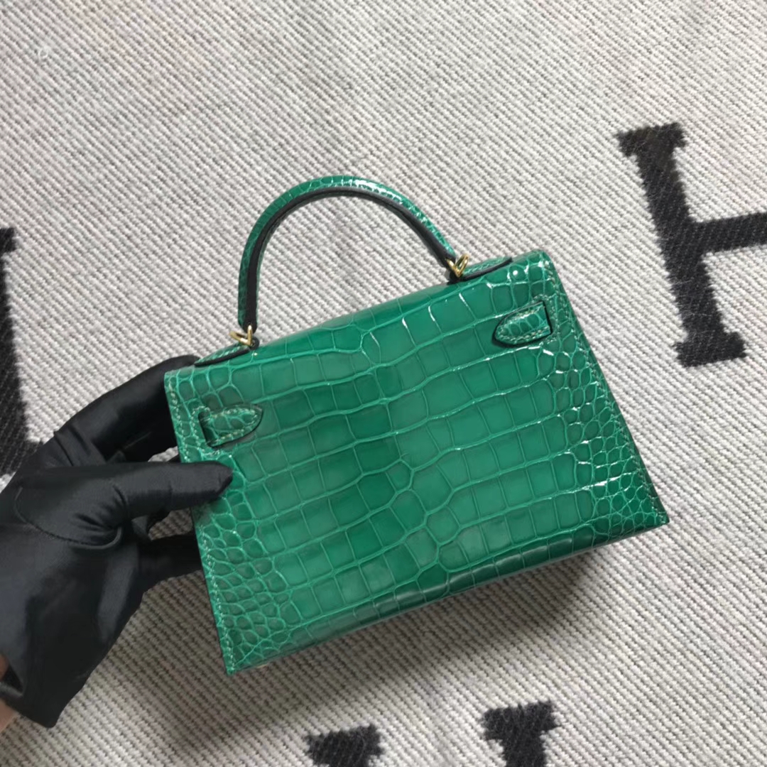 MiniKelly 2代 迷你凯莉包 美洲鳄鱼皮 绿色金扣