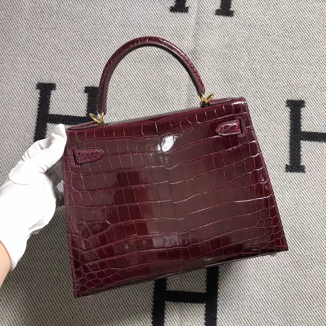 Hermès（爱马仕）Kelly凯莉包 酒红色 金扣 28cm