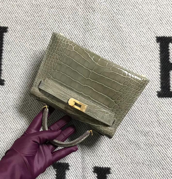 Mini Kelly 2代 美州鳄鱼皮 斑鸠灰 金扣 现货