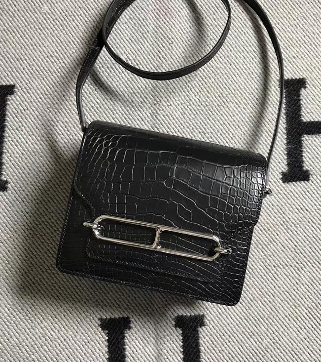 Hermes Roulis 猪鼻子包 美洲鳄鱼皮 黑色银扣-拉尔森鳄鱼皮具定制 - 爱马仕包包官网 Hermes Roulis 猪鼻子包 美洲鳄鱼皮 黑色银扣