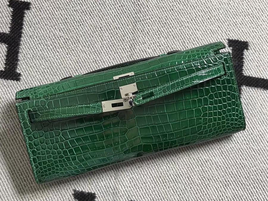 Hermes KellyCut 手拿包 鳄鱼皮 湾鳄 祖母绿 银扣