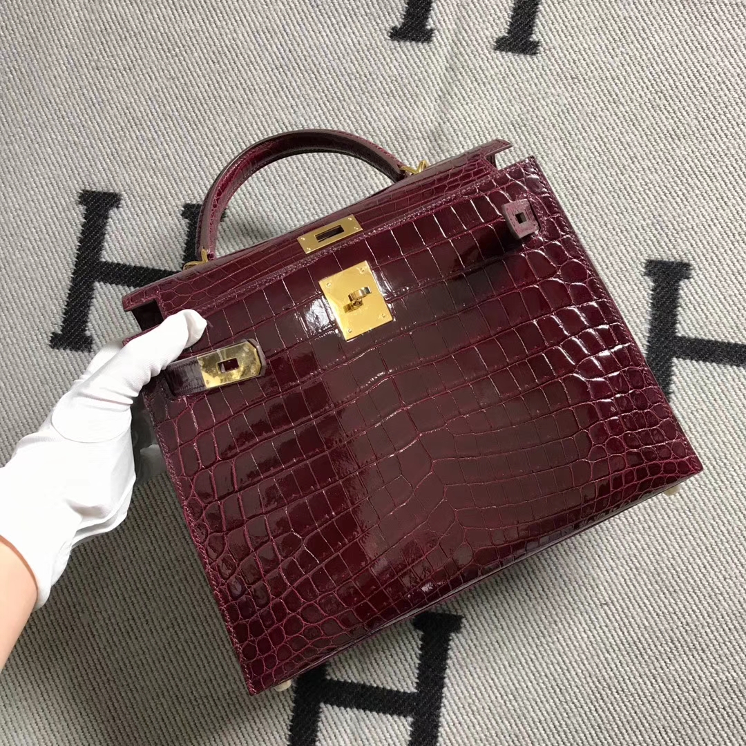 Hermès（爱马仕）Kelly凯莉包 酒红色 金扣 28cm