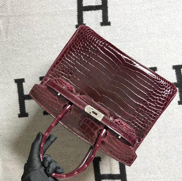 Hermès(爱马仕)Birkin 铂金包 湾鳄酒红 银扣 30cm-拉尔森鳄鱼皮具定制 - 爱马仕包包官网 Hermès(爱马仕)Birkin 铂金包 湾鳄酒红 银扣 30cm
