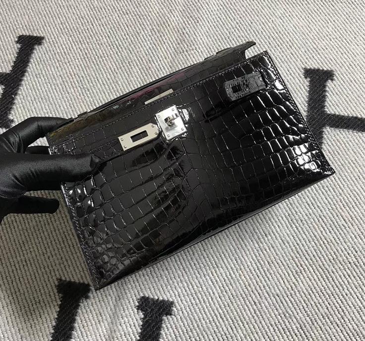 Hermès（爱马仕） Mini Kelly迷你凯莉 黑色 鳄鱼皮 银扣 22cm 二代
