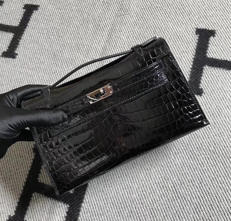 Hermès（爱马仕） Mini Kelly迷你凯莉 黑色 鳄鱼皮 银扣 22cm 二代