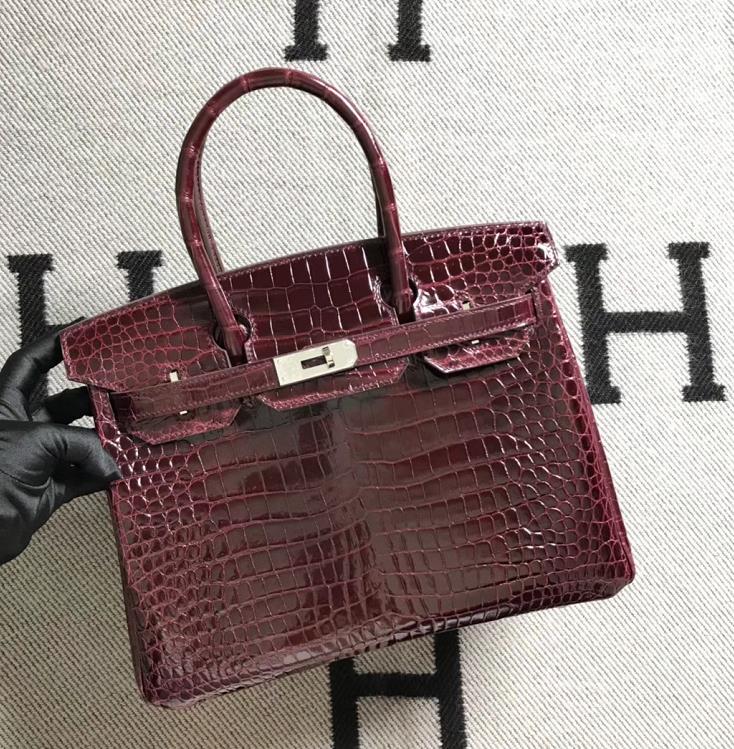 Hermès（爱马仕）Birkin 铂金包 湾鳄酒红 银扣 30cm