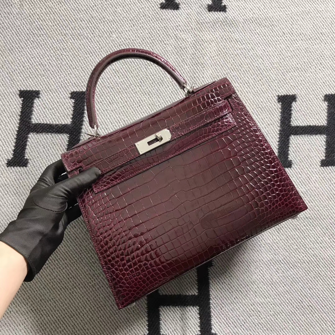 Hermès（爱马仕）Kelly凯莉包 湾鳄 酒红色 银扣 28cm