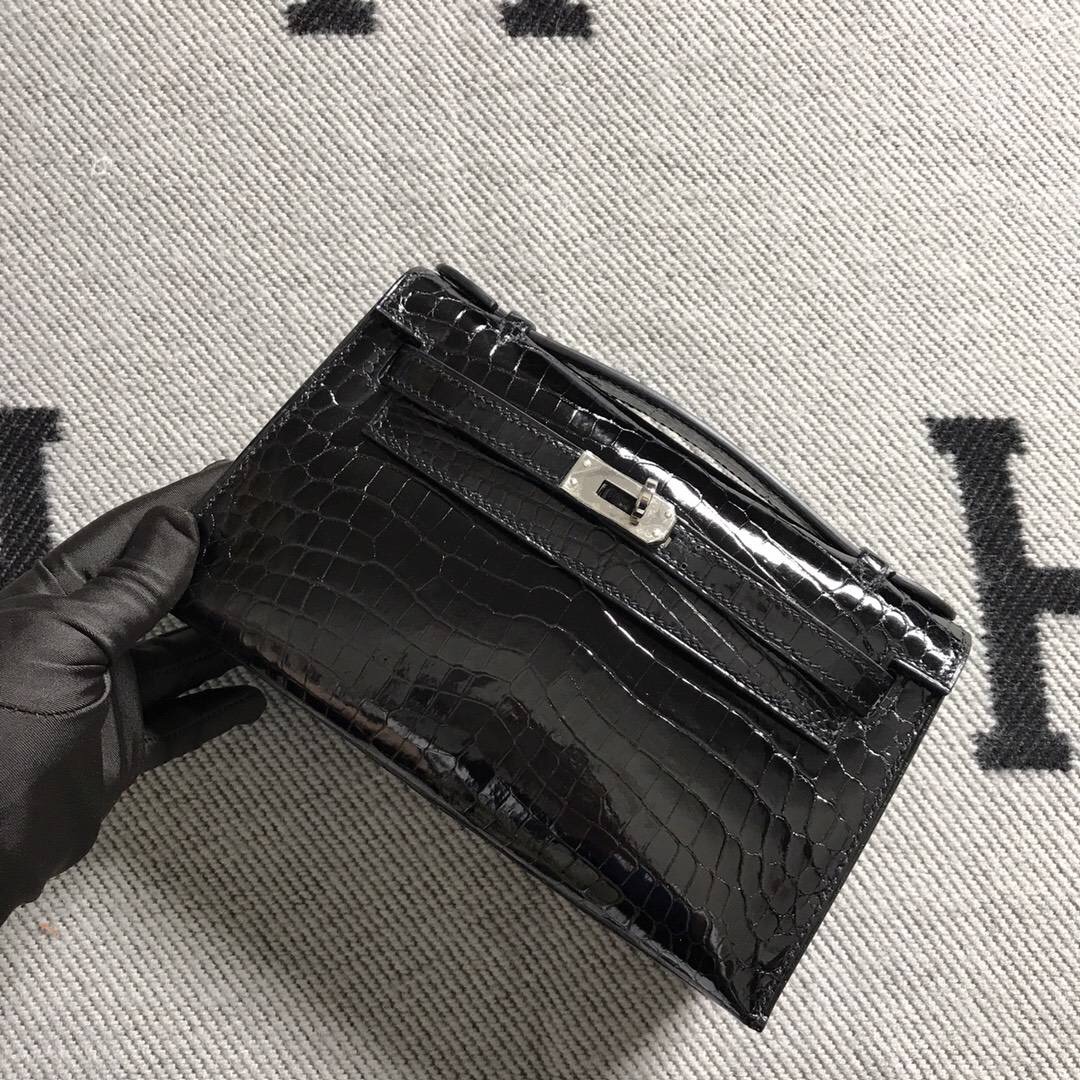 Hermès（爱马仕） Mini Kelly迷你凯莉 黑色 鳄鱼皮 银扣 22cm