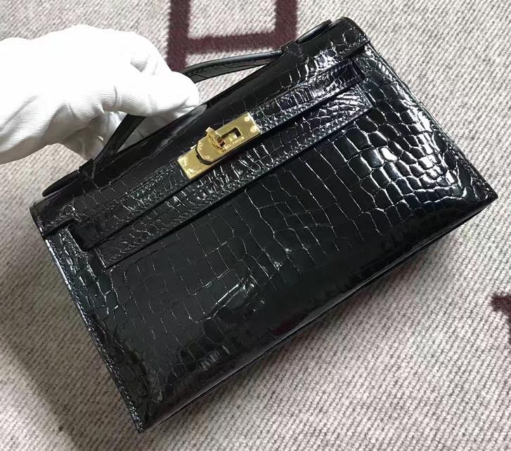 Hermès（爱马仕） Mini Kelly迷你凯莉 黑色 鳄鱼皮 金扣 22cm