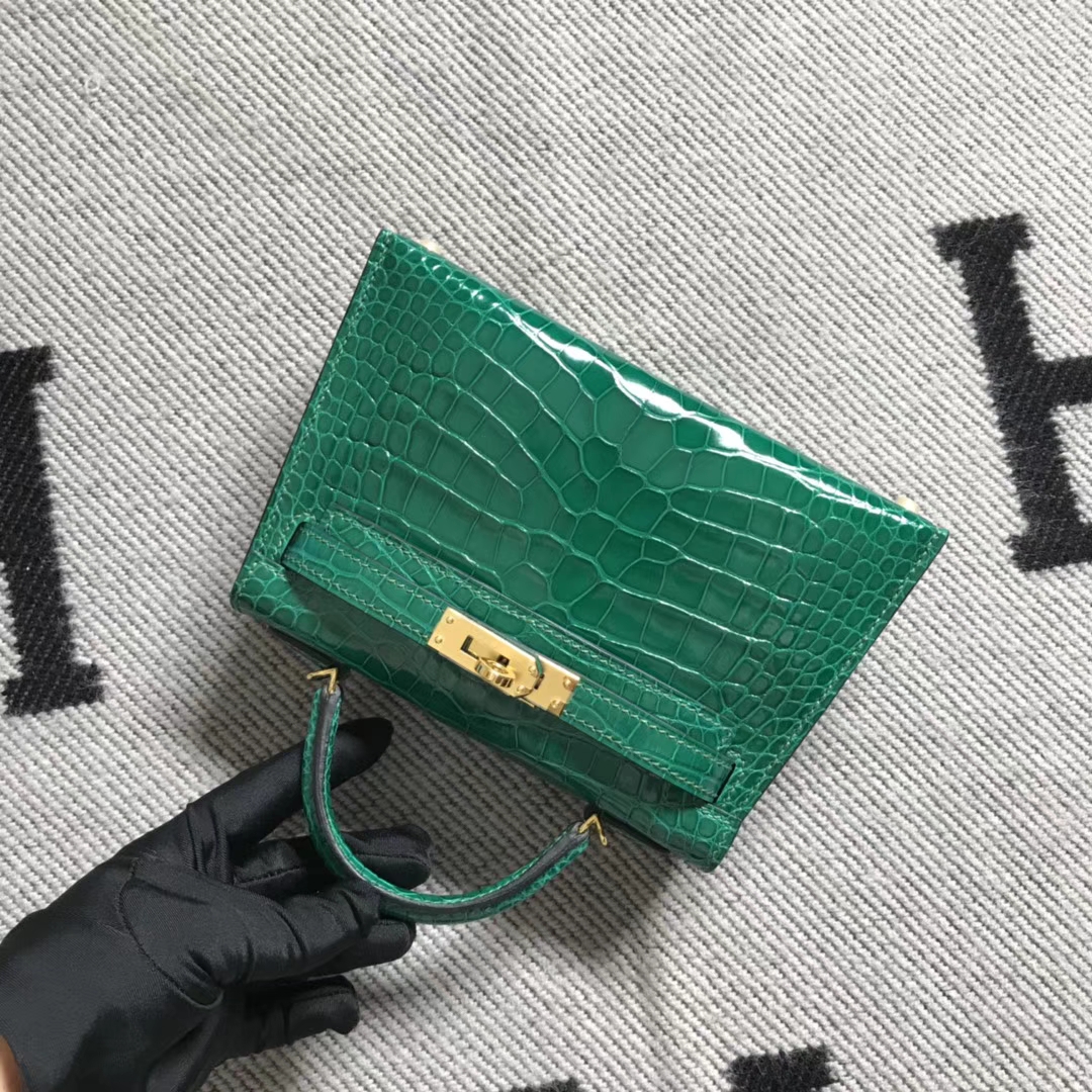 MiniKelly 2代 迷你凯莉包 美洲鳄鱼皮 绿色金扣