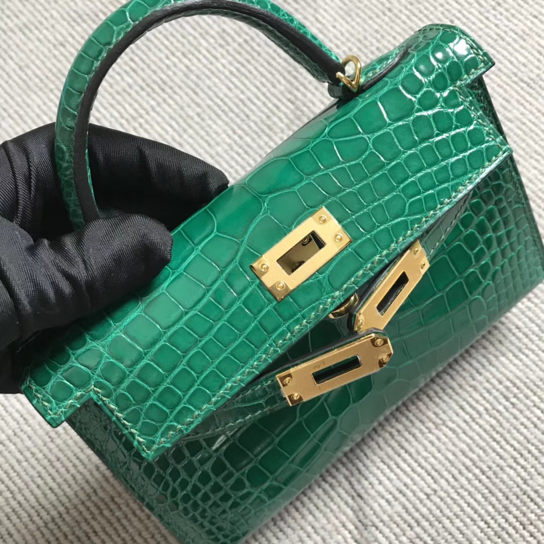 MiniKelly 2代 迷你凯莉包 美洲鳄鱼皮 绿色金扣