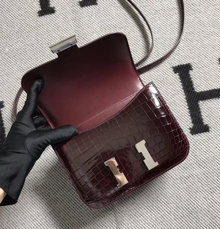 Hermes爱马仕 Constance 19 酒红色 原版皮 银扣