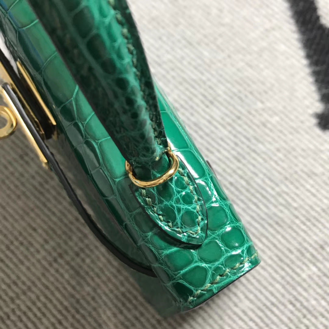 MiniKelly 2代 迷你凯莉包 美洲鳄鱼皮 绿色金扣