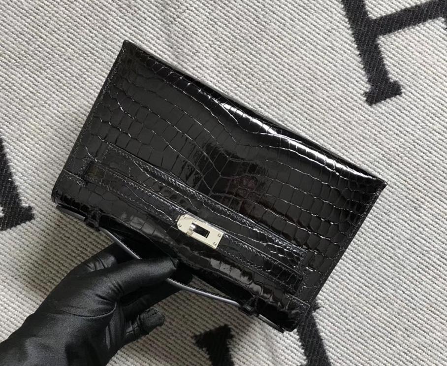 Hermès（爱马仕） Mini Kelly迷你凯莉 黑色 鳄鱼皮 银扣 22cm 二代