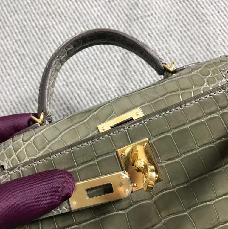 Mini Kelly 2代 美州鳄鱼皮 斑鸠灰 金扣 现货