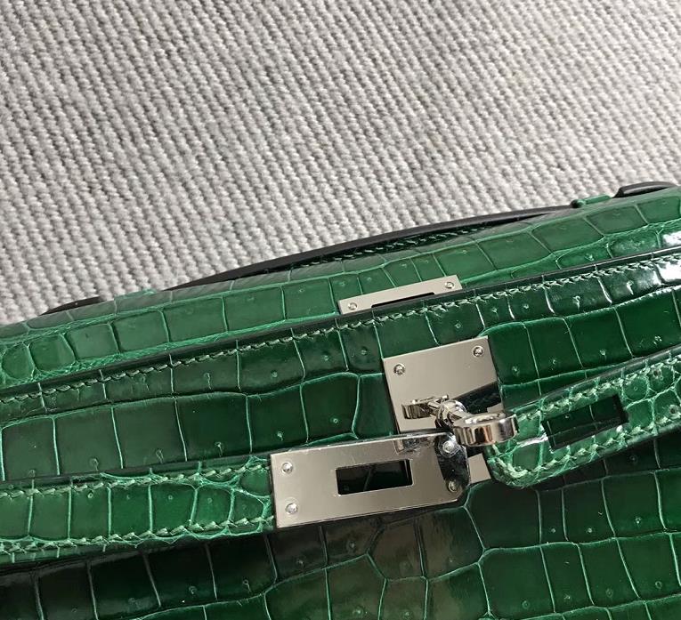 Hermes KellyCut 手拿包 鳄鱼皮 湾鳄 祖母绿 银扣