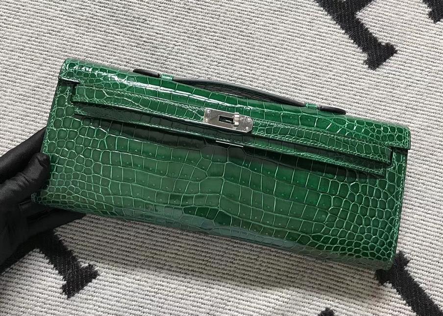 Hermes KellyCut 手拿包 鳄鱼皮 湾鳄 祖母绿 银扣