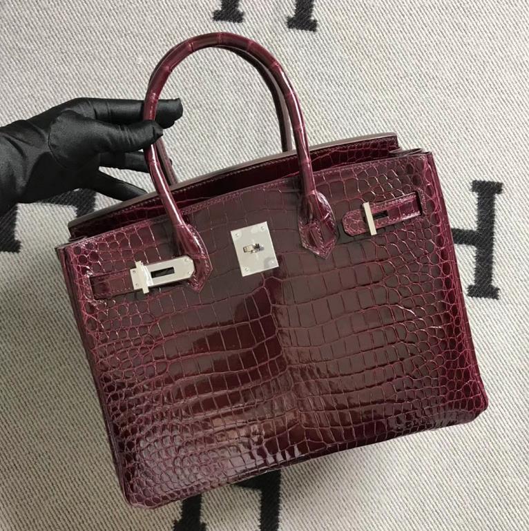 Hermès（爱马仕）Birkin 铂金包 湾鳄酒红 银扣 30cm