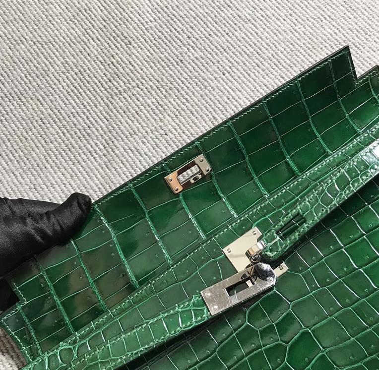 Hermes KellyCut 手拿包 鳄鱼皮 湾鳄 祖母绿 银扣