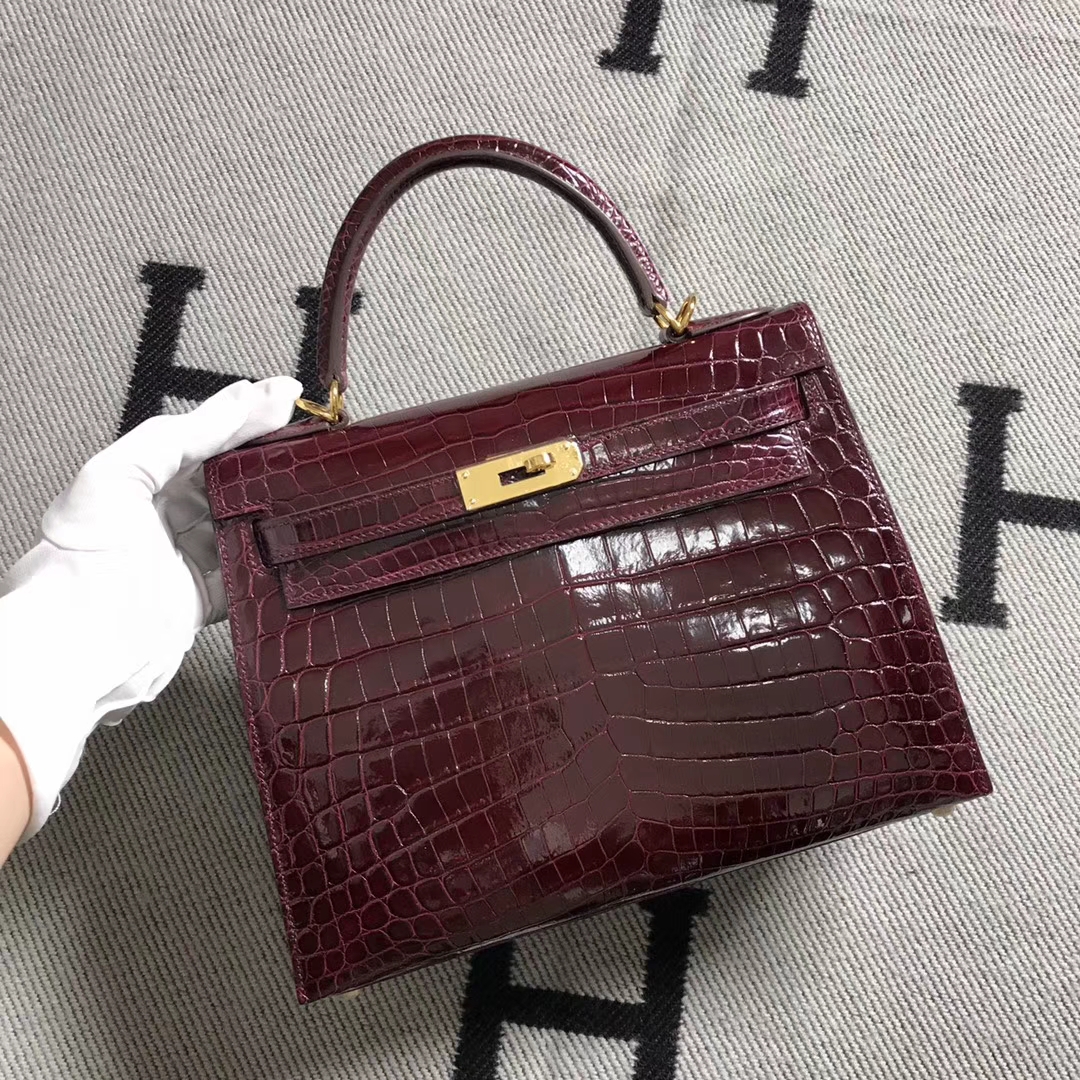 Hermès（爱马仕）Kelly凯莉包 酒红色 金扣 28cm