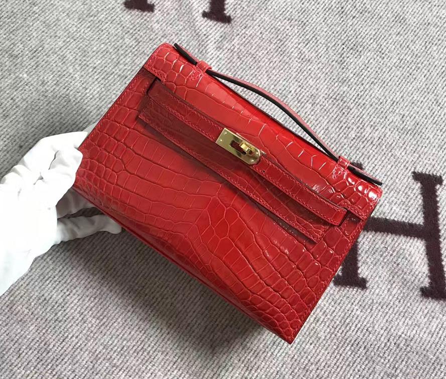 Hermès（爱马仕） Mini Kelly迷你凯莉 法拉利红 鳄鱼皮 金扣 22cm