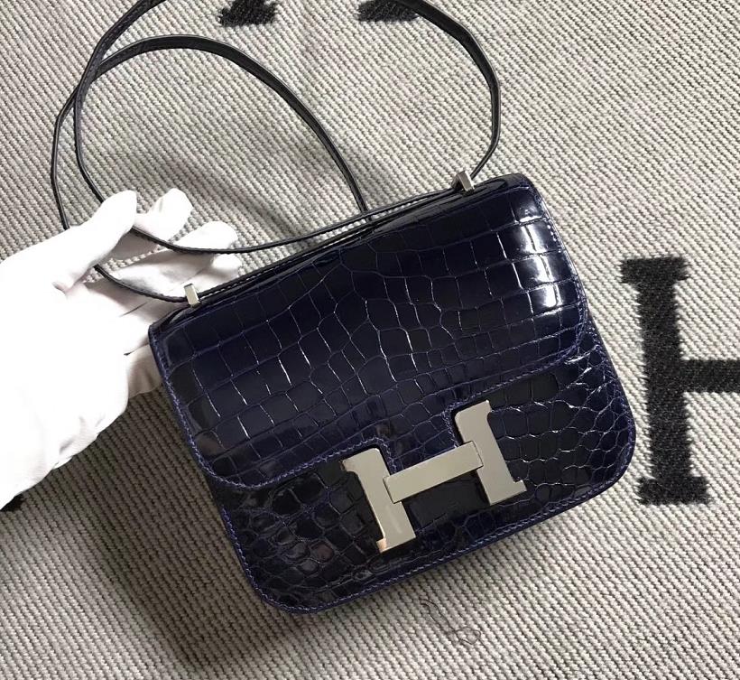 Hermes爱马仕 Constance 19 深蓝色 亮面 银扣