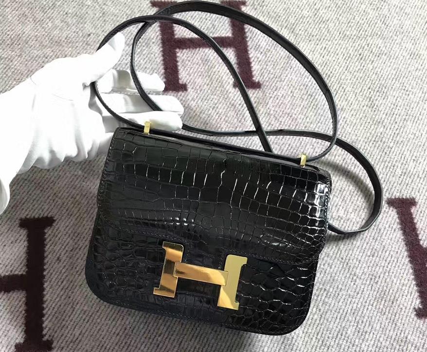 Hermes爱马仕 Constance 19 黑色 鳄鱼皮 金扣