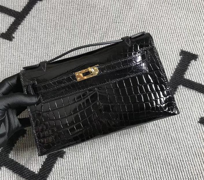 Hermès（爱马仕） Mini Kelly迷你凯莉 黑色 鳄鱼皮 金扣 22cm 二代