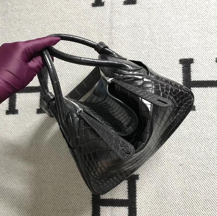 Hermes 爱马仕 雾面鳄鱼皮 Lindy 26CM 琳迪包 黑色银扣