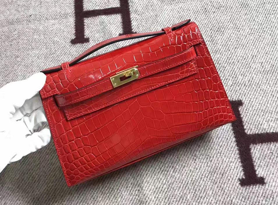 Hermès（爱马仕） Mini Kelly迷你凯莉 法拉利红 鳄鱼皮 金扣 22cm