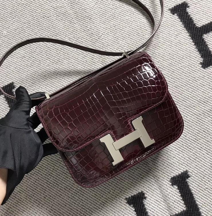 Hermes爱马仕 Constance 19 酒红色 原版皮 银扣