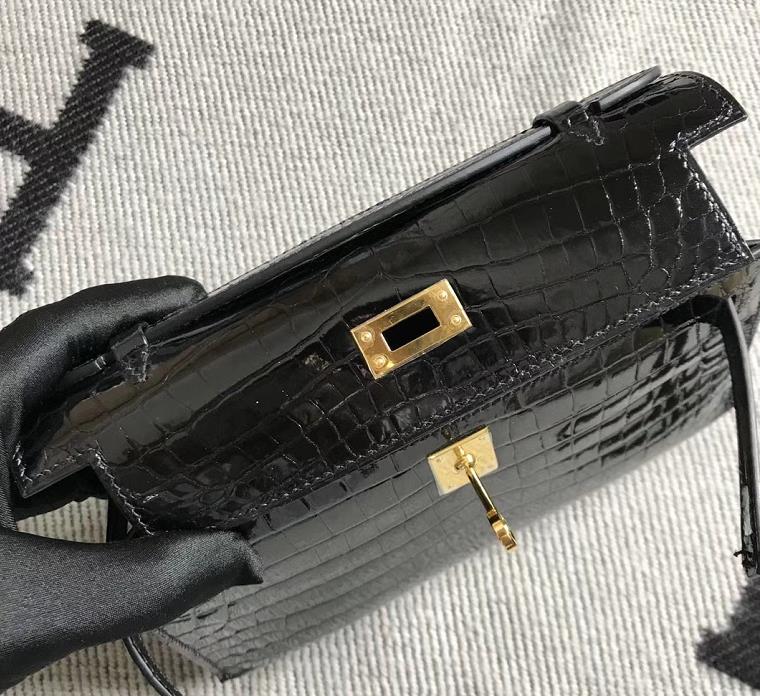 Hermès（爱马仕） Mini Kelly迷你凯莉 黑色 鳄鱼皮 金扣 22cm 二代