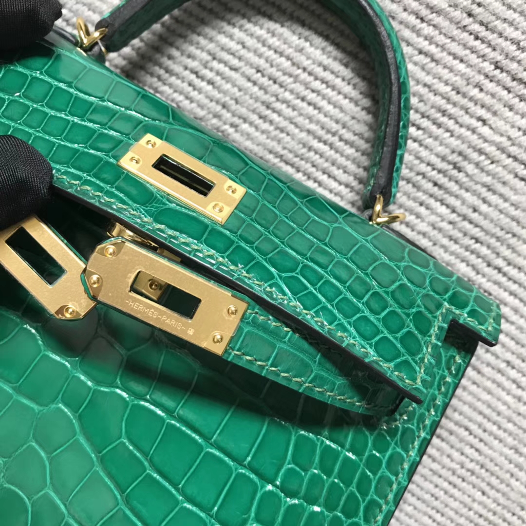 MiniKelly 2代 迷你凯莉包 美洲鳄鱼皮 绿色金扣