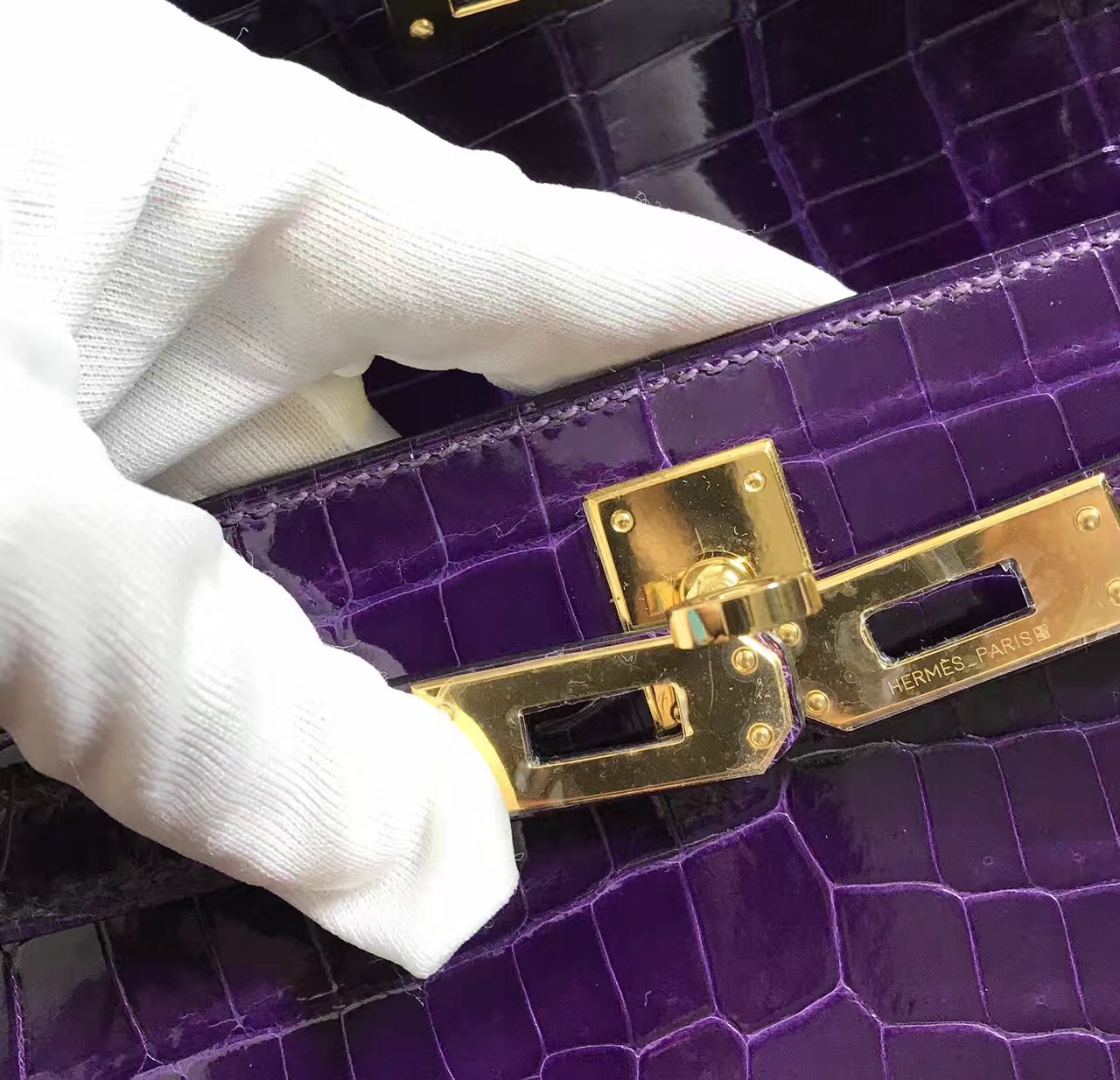 Hermès（爱马仕） Mini Kelly迷你凯莉 葡萄紫 鳄鱼皮 金扣 22cm