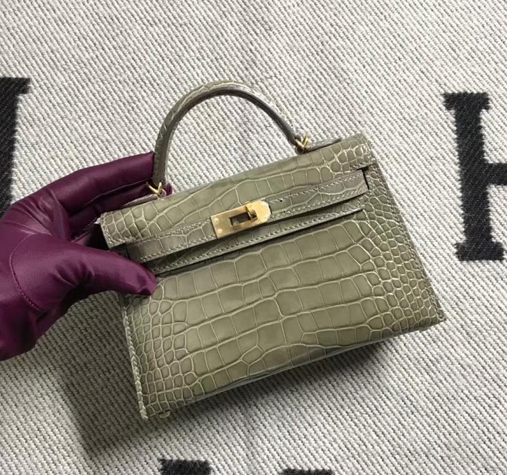 Mini Kelly 2代 美州鳄鱼皮 斑鸠灰 金扣 现货