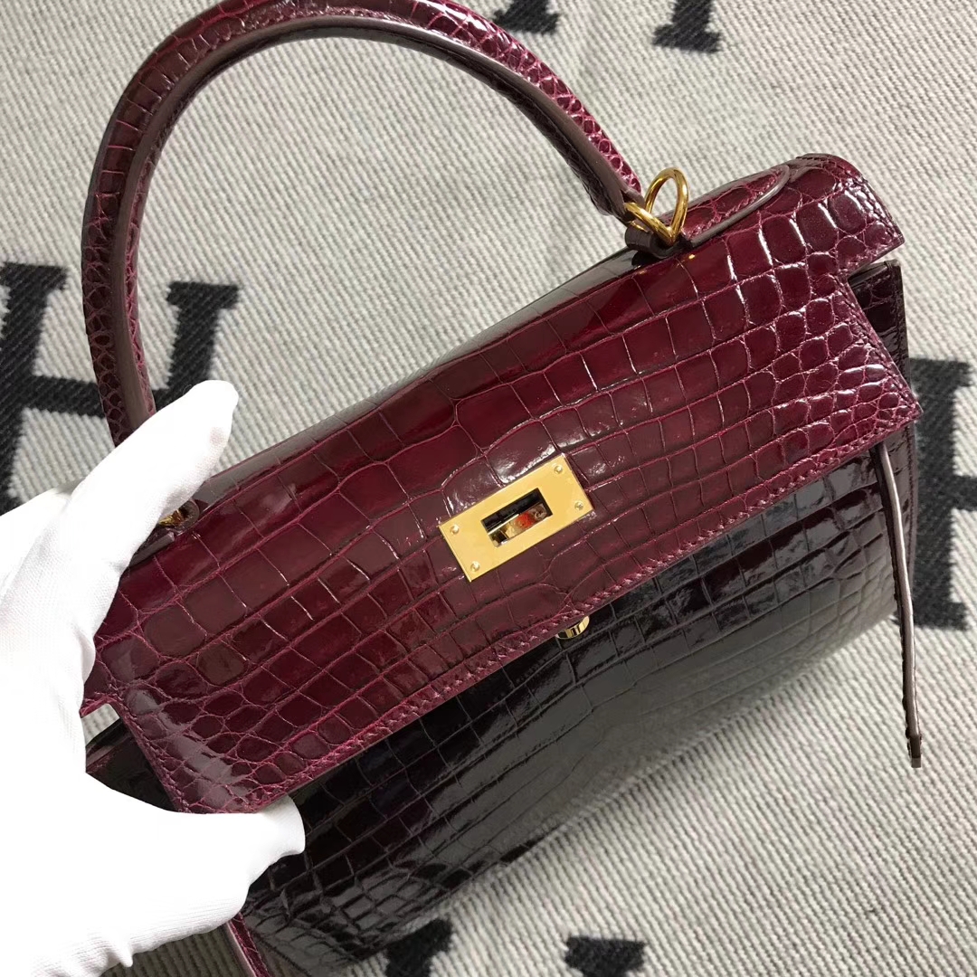 Hermès（爱马仕）Kelly凯莉包 酒红色 金扣 28cm