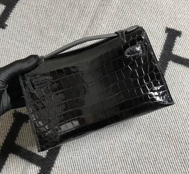 Hermès（爱马仕） Mini Kelly迷你凯莉 黑色 鳄鱼皮 银扣 22cm 二代