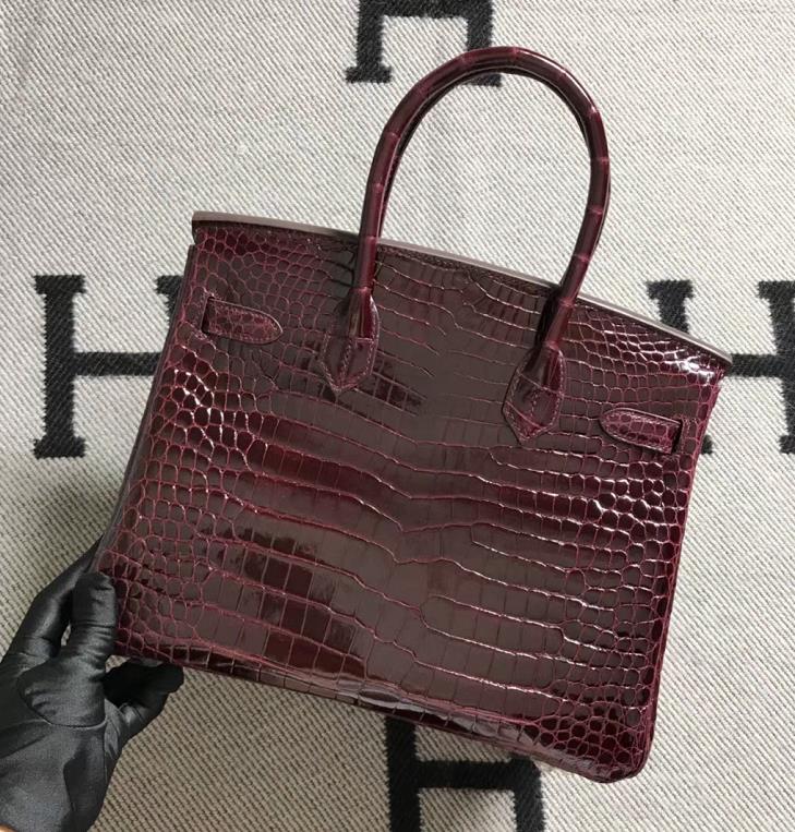 Hermès（爱马仕）Birkin 铂金包 湾鳄酒红 银扣 30cm