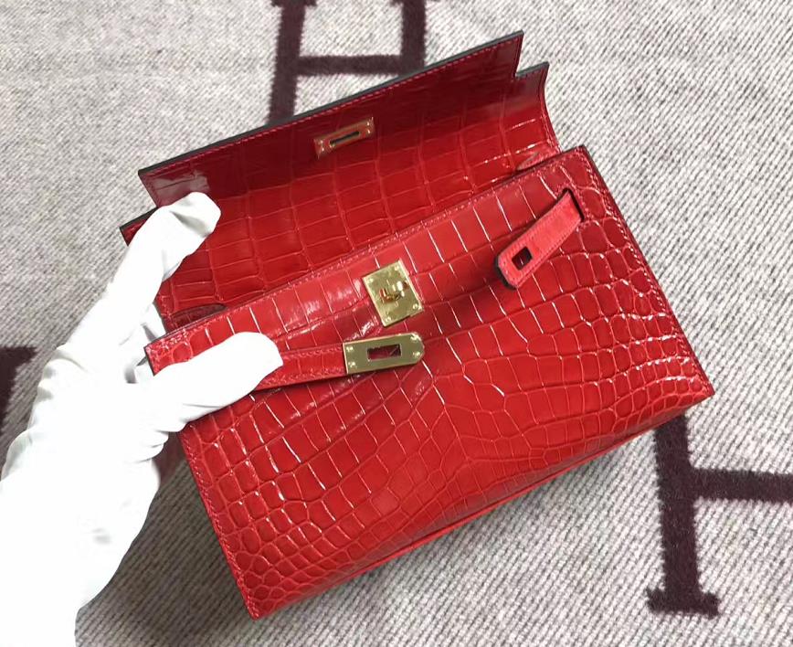 Hermès（爱马仕） Mini Kelly迷你凯莉 法拉利红 鳄鱼皮 金扣 22cm