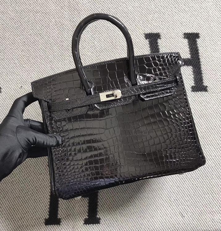Hermès（爱马仕）Birkin 铂金包 黑色 湾鳄 银扣 25cm