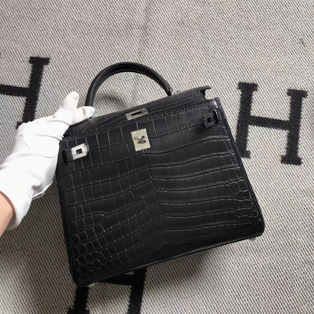 Hermès（爱马仕）Kelly 凯莉包 黑雾面 银扣 25cm