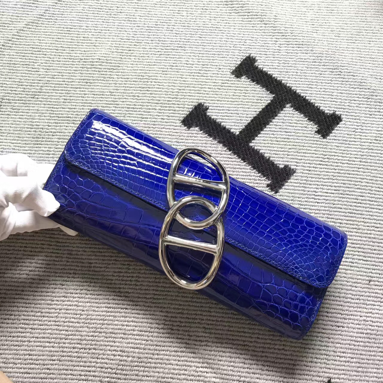 Hermès（爱马仕）猪鼻手包egee 鳄鱼亚光 电光蓝 银扣