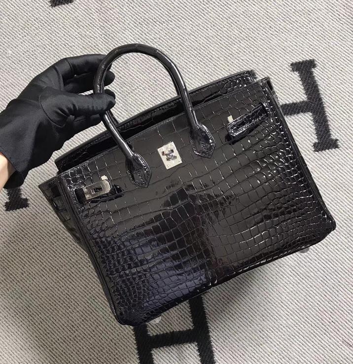 Hermès(爱马仕)Birkin 铂金包 黑色 湾鳄 银扣 25cm-拉尔森鳄鱼皮具定制 - 爱马仕包包官网 Hermès(爱马仕)Birkin 铂金包 黑色 湾鳄 银扣 25cm