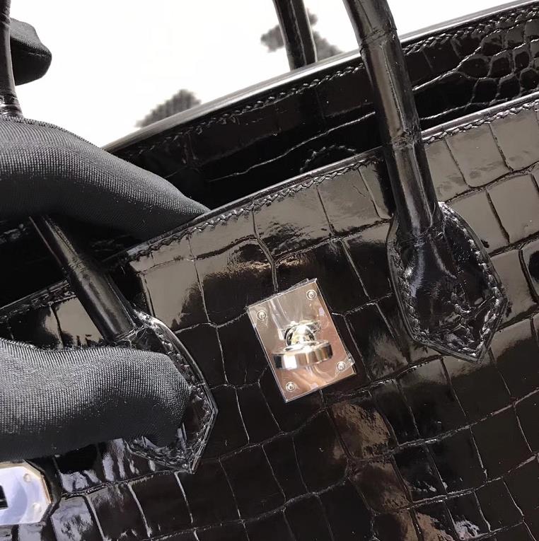 Hermès（爱马仕）Birkin 铂金包 黑色 湾鳄 银扣 25cm