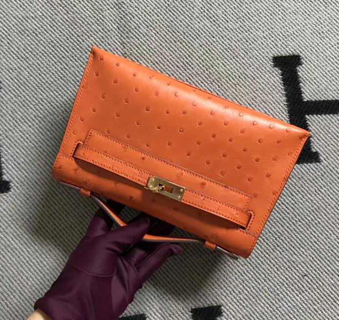 Hermès（爱马仕） Mini Kelly迷你凯莉 鸵鸟橙色 金扣 22cm