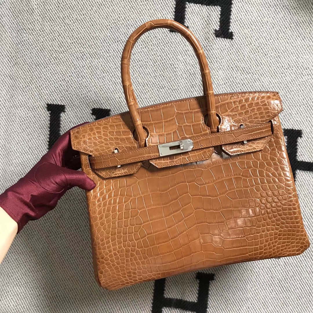 Hermès（爱马仕）Birkin 铂金包 咖啡色 鳄鱼皮 银扣 纯手工 30cm