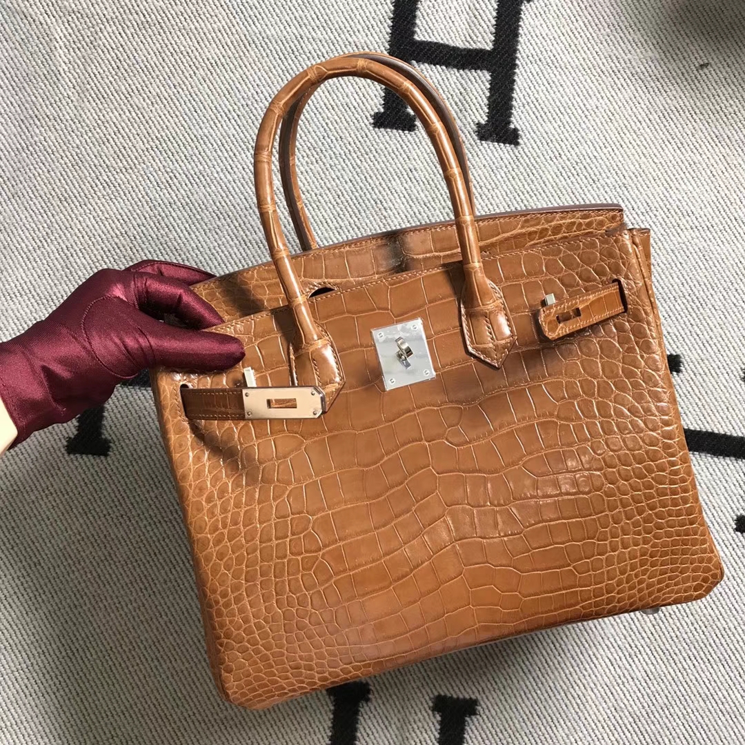 Hermès（爱马仕）Birkin 铂金包 咖啡色 鳄鱼皮 银扣 纯手工 30cm