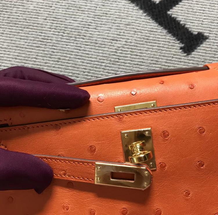Hermès（爱马仕） Mini Kelly迷你凯莉 鸵鸟橙色 金扣 22cm