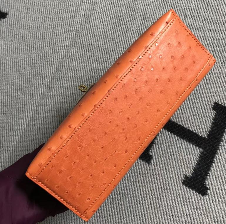 Hermès(爱马仕) Mini Kelly迷你凯莉 鸵鸟橙色 金扣 22cm-拉尔森鳄鱼皮具定制 - 爱马仕包包官网 Hermès(爱马仕) Mini Kelly迷你凯莉 鸵鸟橙色 金扣 22cm